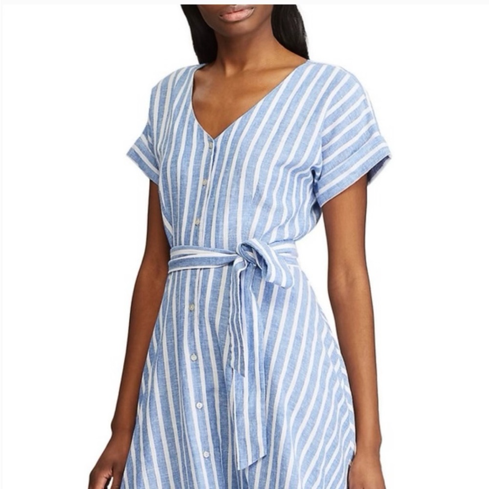 New CHAPS Blue Stripe DRESS Belted MIDI Large